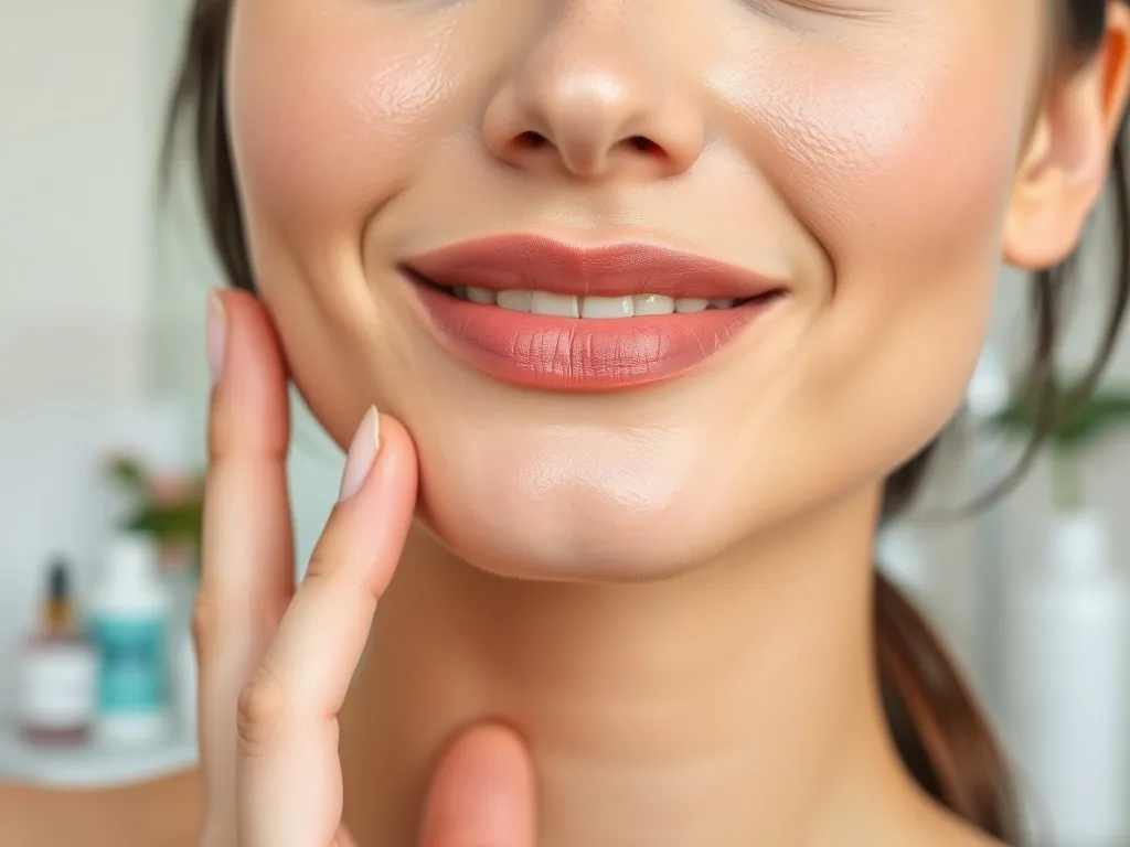Zbliżenie ust kobiety o gładkiej, nawilżonej skórze, delikatnie dotykającej okolic ust w jasnej, nowoczesnej łazience.