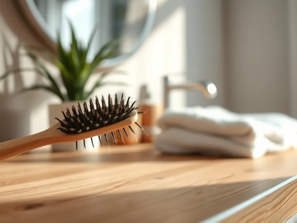 Szczotka do włosów na łazienkowym blacie z widocznymi wypadającymi włosami, w tle rozmyte, spokojne wnętrze łazienki.