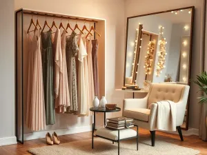 Elegancka garderoba z pastelowymi sukienkami, szpilkami i biżuterią, tworząca kobiecą atmosferę na wieczór panieński.