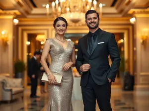 Para elegancko ubranych osób na glamour przyjęciu, w błyszczącej sukni i garniturze, prezentujących stylowe dodatki.