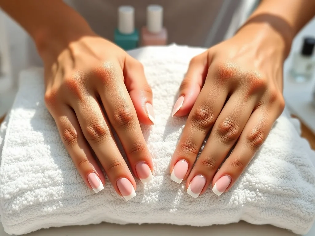 Dłonie z pastelowym, minimalistycznym manicure w modnych wzorach, na tle jasnego, spa-like otoczenia i akcesoriów do paznokci.