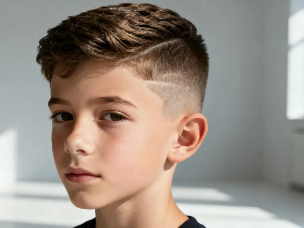 Jedenastoletni chłopiec z modną fryzurą typu fade i teksturą na górze, prezentujący nowoczesne strzyżenie.