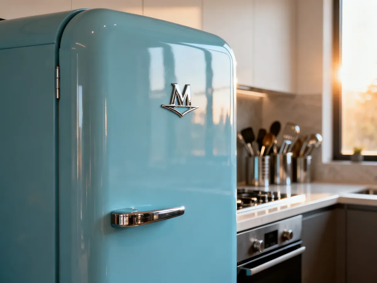 Pastelowa lodówka Smeg w stylu retro jako centralny element nowoczesnej, słonecznej kuchni.