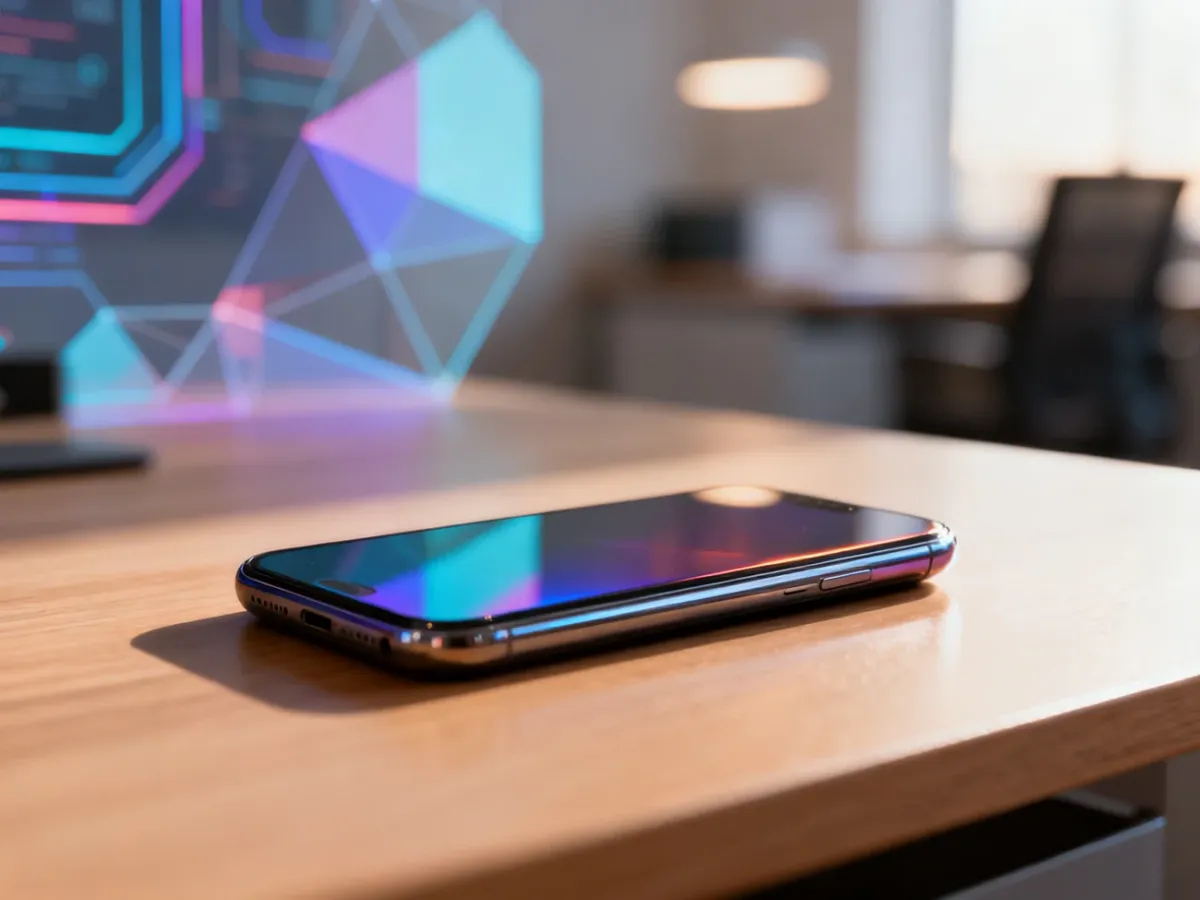 Nowoczesny smartfon Oppo na drewnianym biurku w minimalistycznym otoczeniu, podkreślający elegancki design urządzenia.